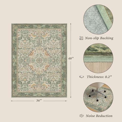 JTJ Office Chair Mat for Hardwood Floors, 36" x 48" Sage Green Vintage Rug - Image 2