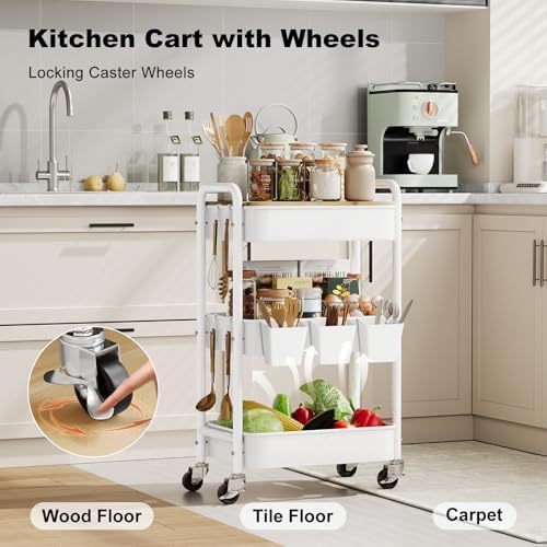 3 Tier White Rolling Cart with Wood Table Top,Metal Storage Organizer Carts - Image 5