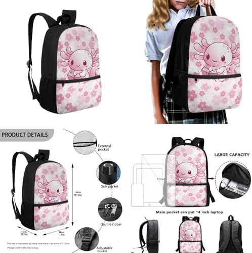 Unisex School Backpack 4Pcs, Cartoon Travel Daypack & Pencil Case & Lunch Bags & Cup Sleeve Lightweight Large Capacity for Kids Teen Pink Axolotl - Image 3