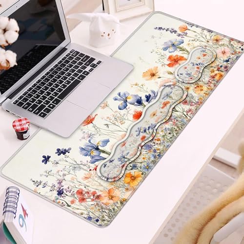 Keyboard Wrist Rest and Mouse Pad Set,31.5x11.8 Inches Desk Mat,Waterproof Non-Slip Ergonomic Wrist Support for Pain Relief,Extended Desk Protector for Office Home Gaming,Wildflower Pattern - Image 2