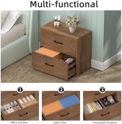 2 Drawer Filing Cabinets, Wood Lateral File Cabinet for Home Office, Modern Farmhouse File Cabinets with Hanging Rail for Letter Size, Large Wooden Storage Cabinets, Brown - Image 5
