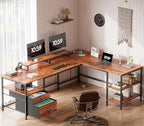 Furologee 66'' L Shaped Desk with Power Outlet and 2 Drawers, Rustic Brown - Image 2