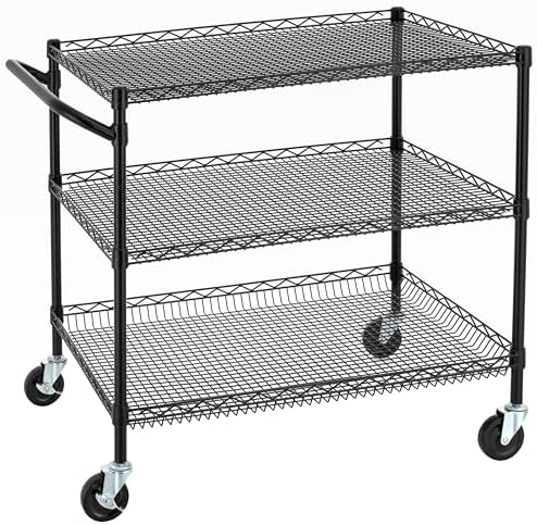 Finnhomy 3 Tier Heavy Duty Commercial Grade Utility Cart, Wire Rolling Cart with Handle Bar, Steel Service Cart with Wheels, Kitchen Carts on Wheels, Metal Cart Shelf Size 24" D x 36" W, NSF, Black by Finnhomy