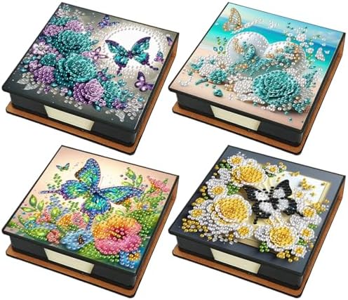 Diamond Art Painting Note Box, 4pcs Flower Butterfly PU Gem Art Storage Container with 640 Sheets, Relaxing DIY Craft Kit for Home Office Organization Birthday Anniversary by Unknown