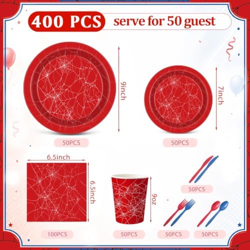 400 Pcs Spider Birthday Party Decoration for 50 Guests, Red Blue Paper Plates Napkins Cups Tablecloth Cutlery Disposable Tableware Set for Spider Web Party Supplies - Image 3