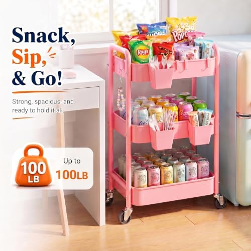 3 Tier Rolling Cart Metal with Lockable Wheels,Pink Baby Diaper Caddy Carts - Image 6