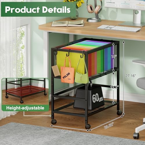 Rolling File Cart for Letter Size, Metal Hanging File Organizer with Storage Shelf, 2-Tier Mobile File Cabinet with 360° Wheels & Hooks, Under Desk Filing Cabinets for Home Office, Black - Image 4
