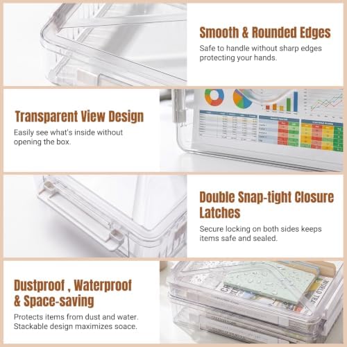 Clear Document Box, A4 Paper Storage Organizer with Snap Latches, Stackable File Case for Certificates Photos Letter Size, 14.37" x 9.44" x 1.37" & 14.37" x 9.44" x 2.75", White - Image 3