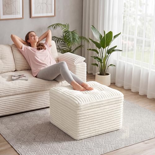 23.6in Pouf Ottoman, Corduroy Footstool Foot Rest Seating, Beige - Image 7