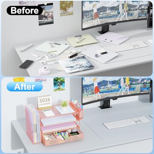 gianotter Desk Organizers and Accessories with File Holder, 4-Tier Desk Accessories & Workspace Organizers with Drawer and 2 Pen Holder, Paper Organizer for Office Supplies (Rose Gold) - Image 2