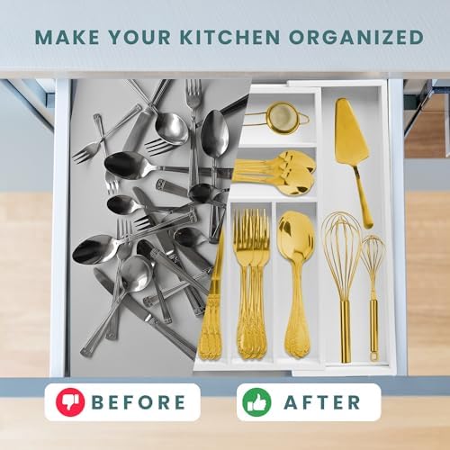 Sben Bamboo Cutlery Drawer Organizer, White, Medium - Image 5