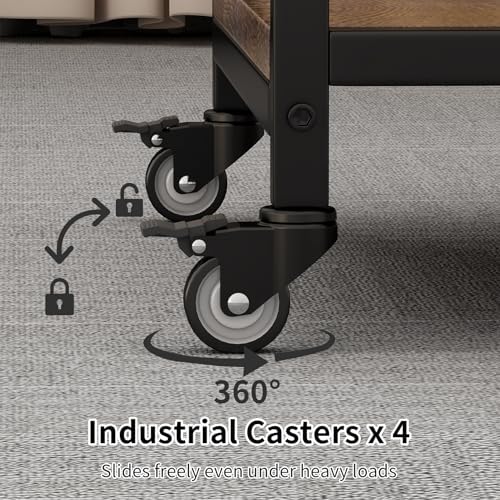 2 Tier Under Desk Printer Stand, Large Printer Table with Height Adjustable Shelf, Rolling Printer Cart with Industrial Wheels for Home Office, Scanner Fax (Rustic Brown) - Image 5
