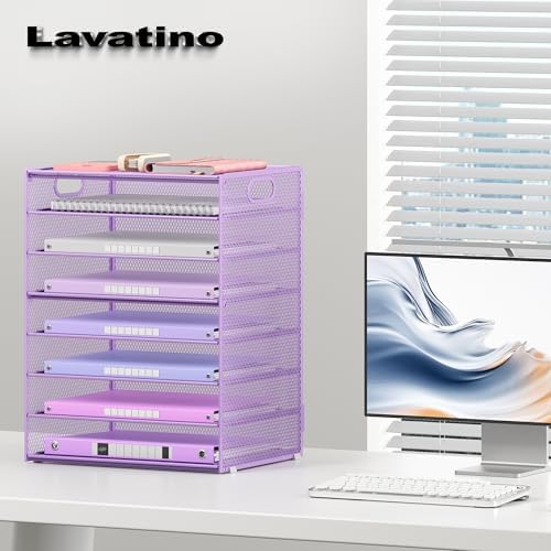 Lavatino 8-Tier Office Desk File Organizer, Letter Tray Paper Organizer with Handle, Including 5 Adjustable Slide Trays for Organizing Desktop Workspace Accessories and Supplies (Purple Metal Mesh) - Image 4