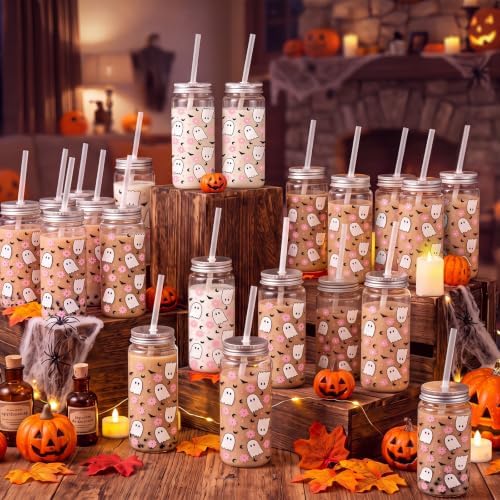 Meanplan Halloween Plastic Cups with Lids and Straws 14 oz Pink Ghost - Image 6
