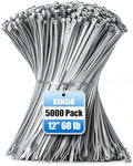 XINGO 5000 PCS Silver Zip Ties 12 Inch, 60 LBS Tensile Strength, Self-Locking Nylon Plastic Nylon PA66 Wire Ties for Indoor and Outdoor Use by XINGO