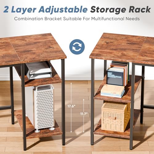 DUMOS 62" L Shaped Computer Desk with Drawers and Shelves, Rustic Brown - Image 6