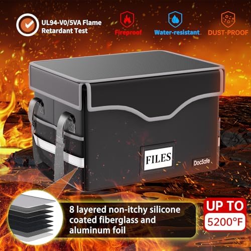 DocSafe 5200°F Fireproof Document Box with Lock,Heat Insulated File Organizer Storage with Pockets,Collapsible Portable Home Office File Safe Box with Handle for Hanging Letter/Legal Folders, Black - Image 3