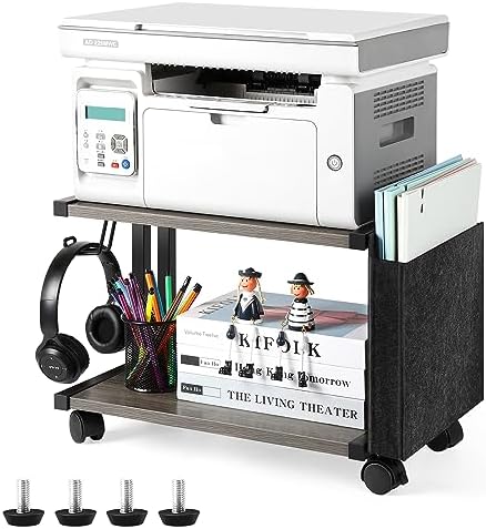 BTY Printer Stand Under Desk Printer Table with Storage Small Printer Cart with Wheels 2 Tier Desktop Printer Stands for Home Office Fax Machine Scanner Files (Grey) by BTY