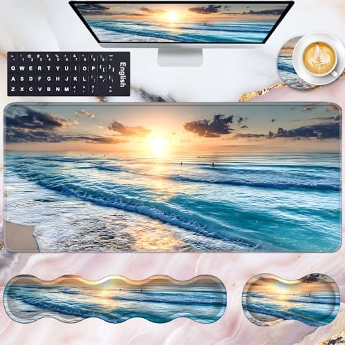 Keyboard Wrist Rest and Mouse Pad with Wrist Support Set Ergonomic Coaster,Memory Foam,Easy Typing Pain Relief,Large XL Desk Mat 31.5"x 11.8",Beach by CICPLKSE