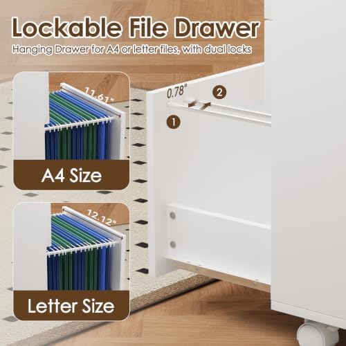 Under Desk Storage, 3 Drawer Small File Cabinet, Chest of Drawer with Glass Top, Mobile Printer Stand with Lockable Wheels for Home Office Study, White - Image 4