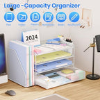 OPNICE Desk Organizer, 4-Tier Desktop File Organizer with Drawer and Pen Holders, Office Desk Accessories, File Sorters, Workspace Organizers for Office Supplies(White) - Image 4
