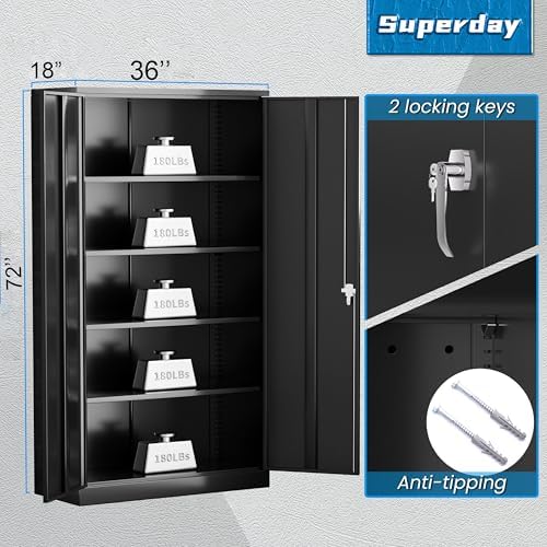 Superday 72" Lockable Steel Storage Cabinet, Locking Metal Storage Cabinets, Tall Black Cabinet with 2 Doors and 4 Adjustable Shelves for Garage, Home Office, Classroom, Pantry, File, Easy Assemble - Image 3