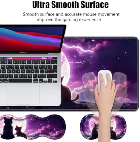 4 in 1 Ergonomic Memory Foam Mouse Pad Wrist Rest Set, Large XXL Gaming Desk Pad + Keyboard Wrist Rest + Mouse Wrist Cushion + Coaster for Home Office Study Gaming, Cats Under The Moon - Image 3