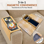 Magnetic Bamboo Couch arm tray - 3 in 1 Detachable Bamboo Sofa Arm Tray Table with Cup Holder - Foldable Non Slip Couch Armrest Table For Remote, Cell-Phone & Drinks, Snacks – Space-Saving,17.6"x13.3" - Image 3