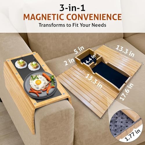 Magnetic Bamboo Couch arm tray - 3 in 1 Detachable Bamboo Sofa Arm Tray Table with Cup Holder - Foldable Non Slip Couch Armrest Table For Remote, Cell-Phone & Drinks, Snacks – Space-Saving,17.6"x13.3" - Image 3