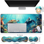 Keyboard Wrist Rest and Mouse Pad Set,31.5x11.8 Inches Desk Mat,Waterproof Non-Slip Ergonomic Wrist Support for Pain Relief,Extended Desk Protector for Office Home Gaming,Cute Turtle - Image 3