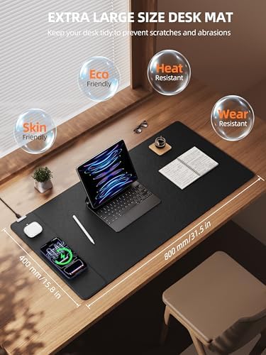 Mouse Pad with 15W Wireless Charging, XXL Large Leather Desk Mat, Black - Image 3