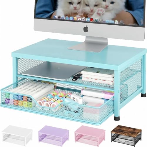 OPNICE Computer Monitor Stand Riser, Desk Organizer with Drawer, Printer & Laptop Stand, Office Desk Accessories & Workspace Desktop Organizers Storage for Office Supplies(Blue) by OPNICE