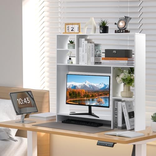 Modern Wooden Desktop Bookshelf Hutch, White Desk Organizer with 7 Shelves for Computer Desk, Vertical Storage for Small Desks, Home Office, Dorm - Image 2