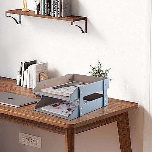 Leather Desk Letter Tray,Office Supplies Paper Organizer for Mail Paper Files Magazines Jewelry Cosmetics,Fashion Letter Holder& 2-Tier Multipurpos Stackable Office Desktop Storage Box,Grey - Image 3