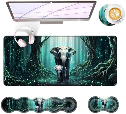 Large Keyboard Mouse Pad Set, Extended Mouse Pad+Keyboard Wrist Rest Support, Memory Foam Ergonomic Easy Typing, 4Pcs (31.5×11.8 in) Desk Pad Set for Office Home,Elephant Baby and Mom by Unknown
