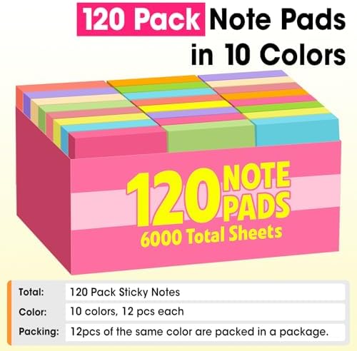 120 Pads Sticky Notes 3x3, Self-Stick Pads Bulk Bright Colors, School Supplies, Office Products, 50 Sheet/Pad - Image 5