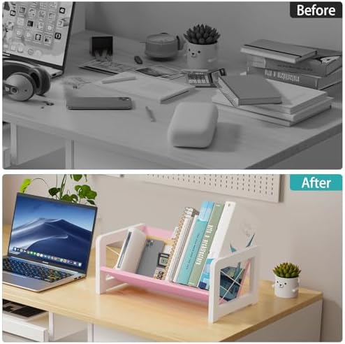 ELITEROO Tabletop Bookshelf, Simple Wood Book Organizer for Desk, Tilted Table Bookcase, Small Desktop Book Rack for Cookbook Display, Kids Reading, Office Storage, Pink - Image 6