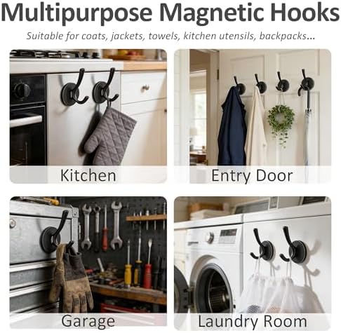 ULIBERMAGNET Strong Magnetic Double Hooks, 4 Pack Heavy Duty Sturdy Coat Magnetic Hooks, Rubber Magnets Large Hooks for Coat Robe Towel Key Hat (Black) - Image 5