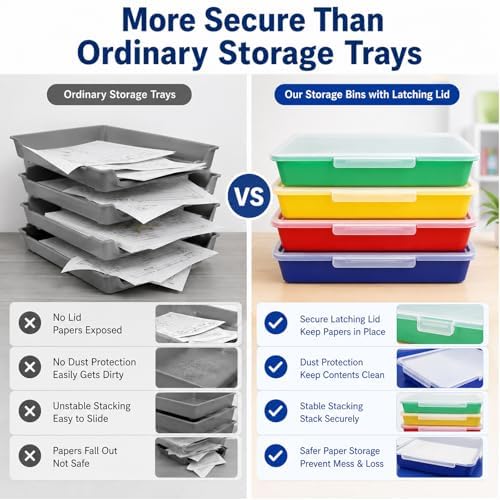 Svartur Flat Storage Bins with Lids, Letter Size Paper Storage Bins Set of 4, Stackable Classroom Turn In Bins with Secure Latching Lid, Plastic Storage Organizer for Teachers, Office & Home - Image 6