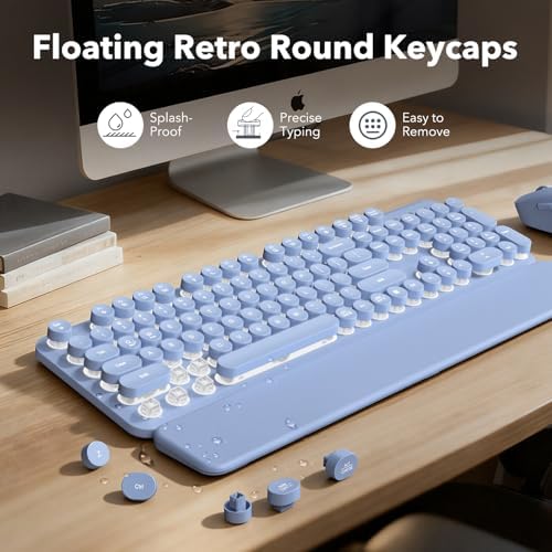 Wireless Keyboard and Mouse Combo, Backlit Round Keycaps, Retro Typewriter Keyboard with Detachable Wrist Rest, Rechargeable & Tilt Legs, 2.4GHz Cordless Connection for Windows/PC (Glowing Purple) - Image 4