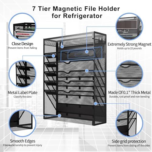 7-Tier Magnetic File Holder, No Drilling Wall File Organizer, Hanging File Organizer, Vertical Holder Rack for File Cabinets, Whiteboard, Refrigerator - Image 6