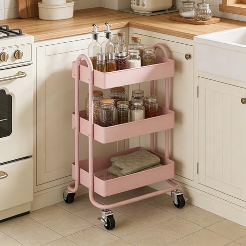 3 Tier Metal Rolling Cart, Utility Storage Cart Shelf Organizer with Wheels for Home & Office, Pink - Image 6