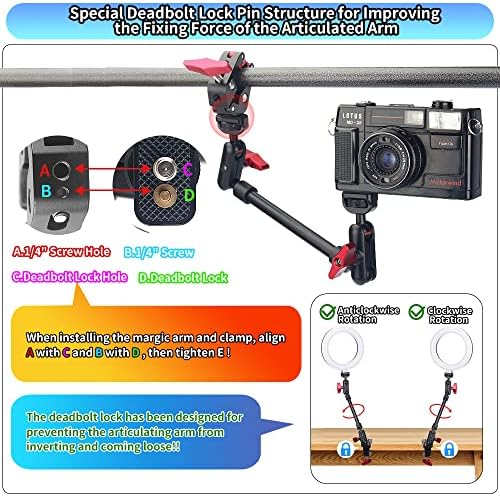 13"/34cm Magic Arm w Clamp, Camera Mount & Clamp w 1/4" 3/8" Threads and Articulating Friction Magic Arm, Overhead Phone Mount, Camera Boom Arm Mount for Light Webcam Mic Action Camera Monitor - Image 2