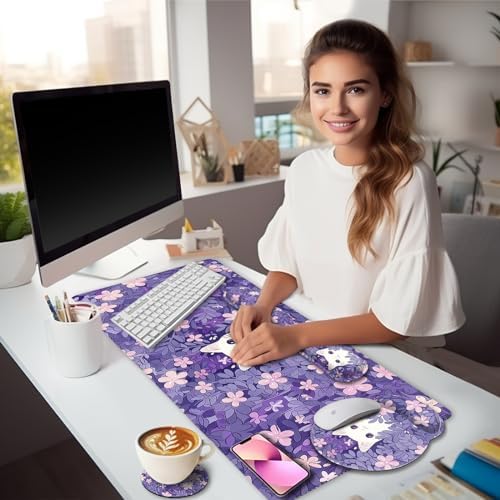 LIMKRIAN Purple Mouse Pad Large Desk Mat Set, Kawaii Cat Gaming Mousepad - Image 2