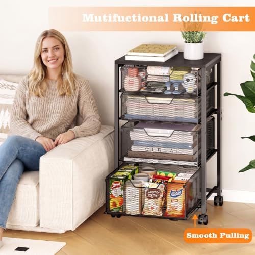 Sbanmao 4 Drawers Rolling File Cart with Wheels, Mobile File Cabinet, Black - Image 4