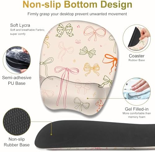 Apricot Mouse Pad with Wrist Support 4 in1 Set, XXL Big Game Mousepad + Keyboard Wrist Rest + Mouse Wrist Rest Pad +Coaster Gaming Mat for Home Office Work Computer I Colorful Cute Girl's Bow - Image 5
