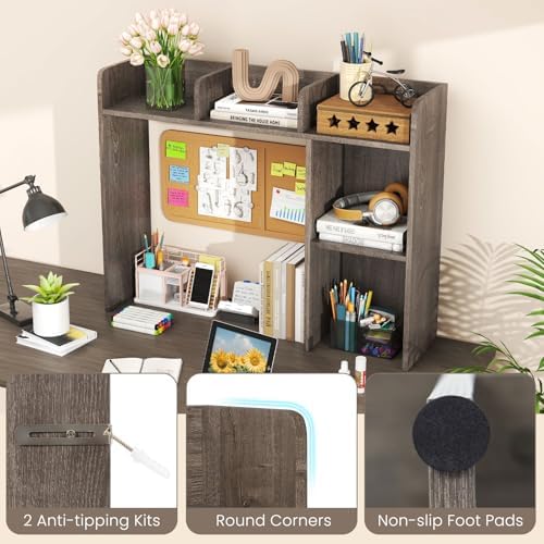 LDAILY Desktop Shelf, Multipurpose Wood Desk Hutch for Max 27" Computer Monitor, Countertop Storage Hutch with 5 Shelves, 3 Tier Desktop Display Rack for Dorm Office Home (Grey Oak) - Image 6