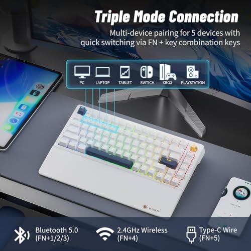 Wireless Mechanical Keyboard with Knob & Wrist Rest, Hot Swap Gasket Custom Structure, Creamy Pre-lubed Tactile Switches, RGB Backlit, Bluetooth/Type-C/2.4G Gaming Keyboard for Win/Mac (White) - Image 3