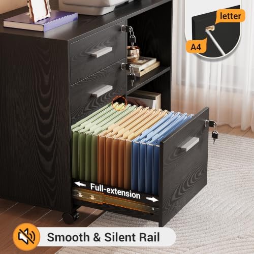 DEVAISE 3-Drawer File Cabinet with Lock, Mobile Wood Filing Cabinet, Black - Image 5