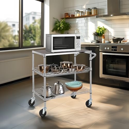 Finnhomy 3 Tier Heavy Duty Commercial Grade Utility Cart with Wood Top, Wire Rolling Cart with Wheels and Handle Bar, Kitchen Carts on Wheels, Metal Cart with 600 LBS Capacity, Chrome - Image 3